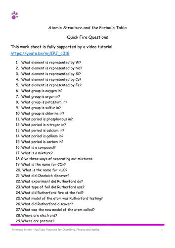 ATOMIC STRUCTURE. AQA C1-Topic 1-Quick Fire Questions. 9-1 GCSE Chemistry Combined Science Revision