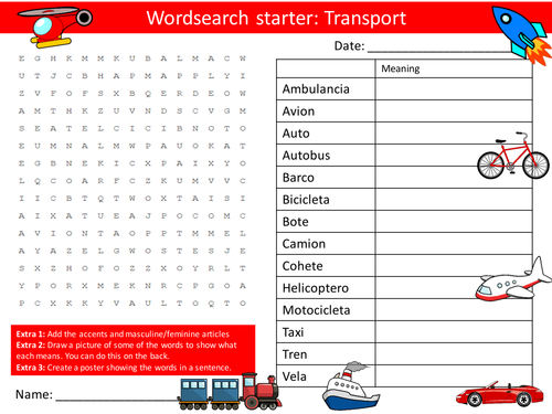 Spanish Transport Keyword Wordsearch Crossword Anagrams Keyword Starters Homework Cover