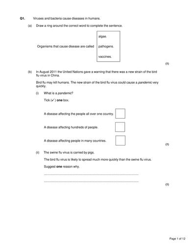 Year 9 new specification test with markscheme on microbe and disease