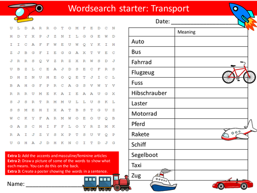German Transport Keywords KS3 GCSE Starter Activities Wordsearch, Anagrams Crossword Cover Homework