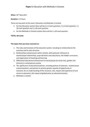 AQA AS Sociology Education revision checklist