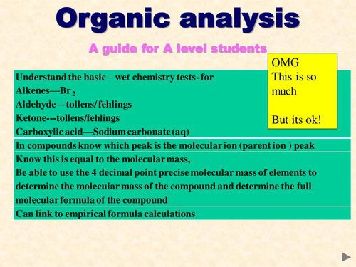 A level Chemistry Organic Analysis Basic test tube tests and Mass spec analysis