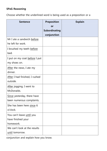 SPAG Reasoning - Prepositions or Conjunctions
