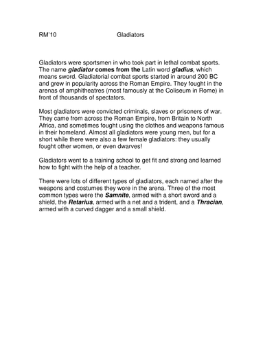 Gladiators information sheet