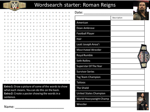 Wrestler Roman Reigns 6 x Starters Wordsearch Crossword Anagram Alphabet Keyword Starter Cover Hwk