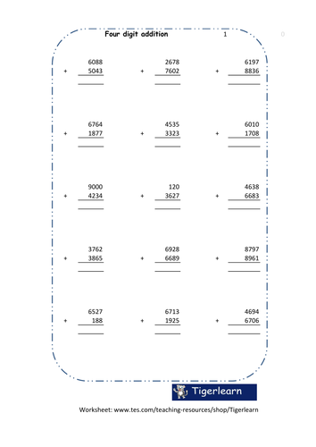 Four digit addition in columns worksheet - 120 questions/8 pages