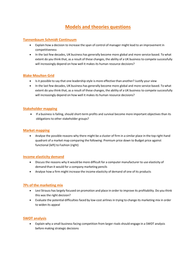 AQA A-level Business Studies Models and theories questions