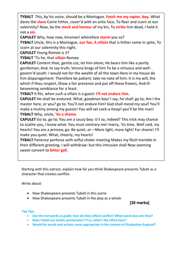 Romeo and Juliet Tybalt / Conflict Mock Exam Assessment NEW AQA 1-9 SPEC