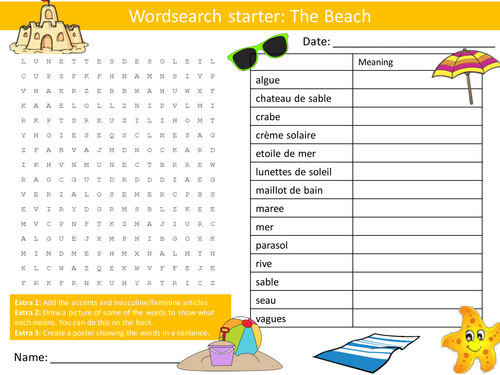 French The Beach Wordsearch Crossword Anagrams Keyword Starters Homework Cover Plenary Lesson