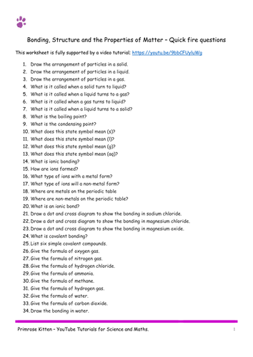 Bonding, Structure and the Properties of Matter –AQA C1-Topic 2 Quick Fire Questions. GCSE 9-1 Combi