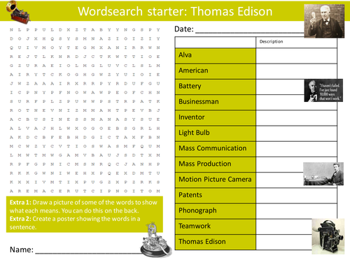 Scientist Thomas Edison 6 x Starters Wordsearch Crossword Anagram Alphabet Keyword Starter Cover