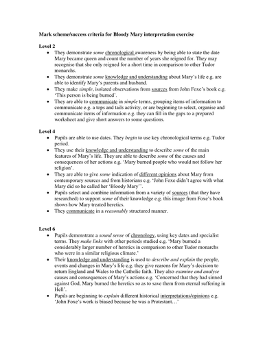 BLOODY MARY MARK SCHEME KS3 HISTORY ASSESSMENT FOR LEARNING