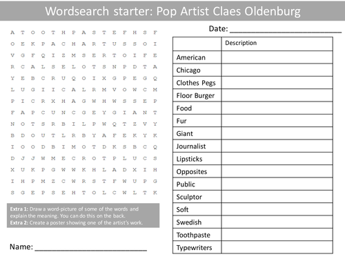 40 Pop Art Artist Starter Activities Wordsearch Crossword Anagram Alphabet Keyword Plenary Homework
