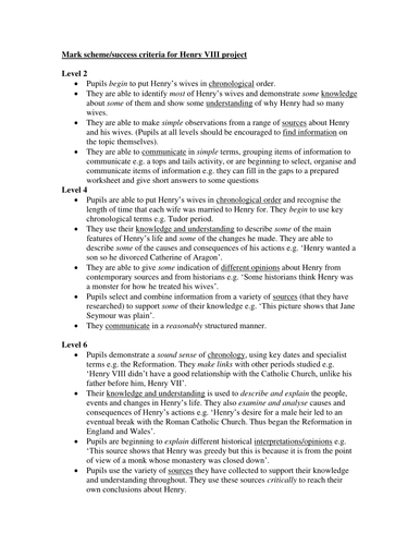 HENRY VIII PROJECT MARK SCHEME ASSESSMENT FOR LEARNING: KS3 HISTORY YEAR 8