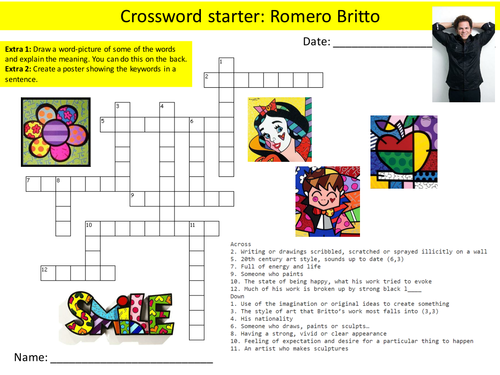 10 Pop Art Artist Crossword Starter Activities Keyword Plenary Homework Cover Lesson