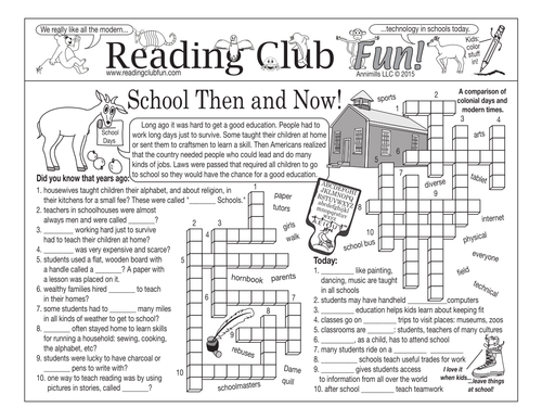 Bundle: School Then and Now (Colonial vs. Modern) Two-Page Activity Set and Crossword Puzzle