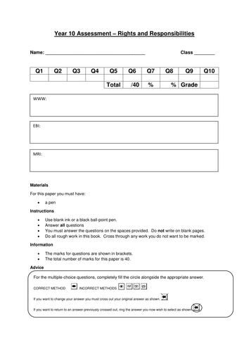 AQA Citizenship GCSE Rights and Responsibilities Assessment Exam Style Paper