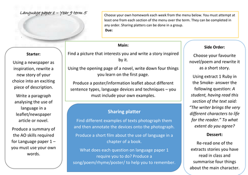 Language paper 1 homework menu