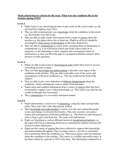 THE TRENCHES MARK SCHEME/SUCCESS CRITERIA ASSESSMENT FOR LEARNING