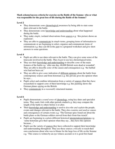 BATTLE OF THE SOMME MARK SCHEME/SUCCESS CRITERIA KS3 ASSESSMENT FOR LEARNING