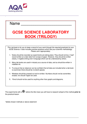 GCSE Student Labbook for AQA Required practicals (Trilogy)