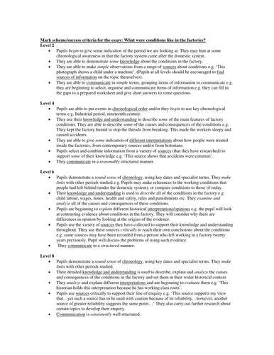 CONDITIONS IN THE FACTORY MARK SCHEME/SUCCESS CRITERIA ASSESSMENT FOR LEARNING KS3 YR 9