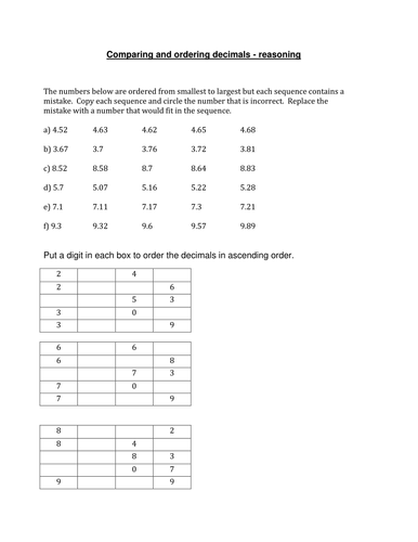 year 4 comparing and ordering decimals teaching resources