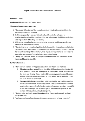 AQA A Level Sociology Education checklist UPDATED March 2024