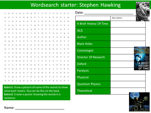 Scientist Stephen Hawking 6 x Starters Wordsearch Crossword Anagram Alphabet Keyword Starter Cover