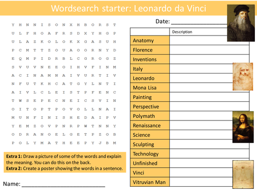Scientist Leonardo da Vinci 9 x Starters Wordsearch Crossword Anagram Alphabet Keyword Cover Hwk