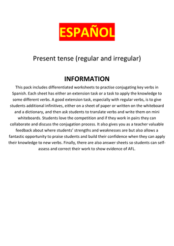Spanish, present tense: Differentiated verb drills for conjugation practice with answer sheet