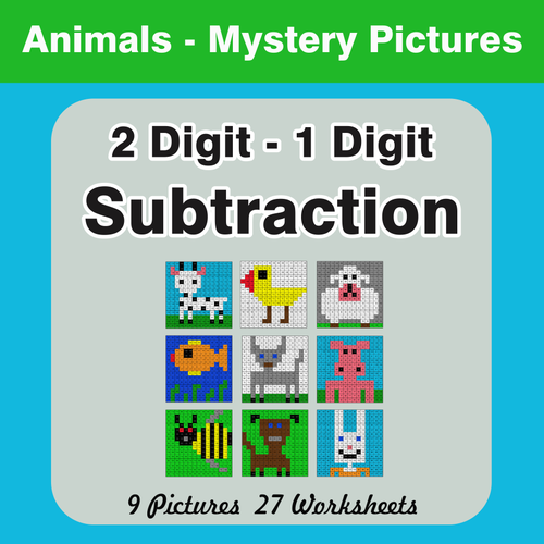 Subtraction: 2-Digit - 1-Digit Mystery Pictures