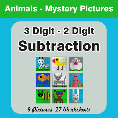 Subtraction: 3-Digit - 2-Digit - Color-By-Number Mystery Pictures