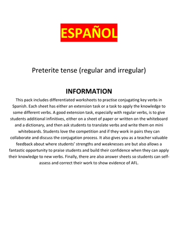 Spanish, preterite tense: Differentiated verb drills for conjugation practice with answer sheet