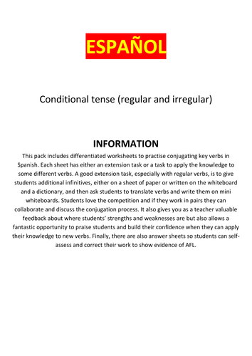 Spanish, conditional tense: Differentiated verb drills for conjugation practice with answer sheet