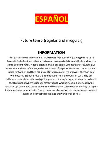 Spanish, future tense: Differentiated verb drills for conjugation practice with answer sheet
