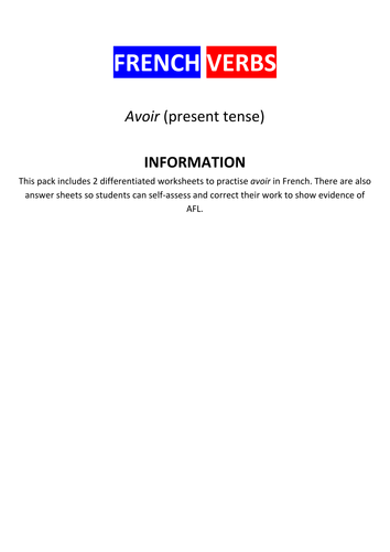 French, Avoir (present Tense): Differentiated Verb Drills For 