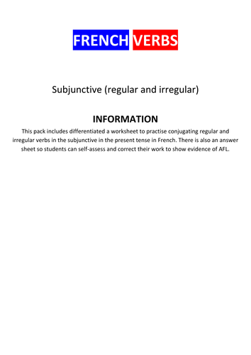 French, subjunctive (present): Differentiated verb drills for conjugation practice with answer sheet