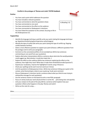Quicking mark feedback sheet for Romeo and Juliet prologue assessment
