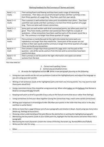 Quick marking feedback sheet based on a plot summary of Romeo and Juliet