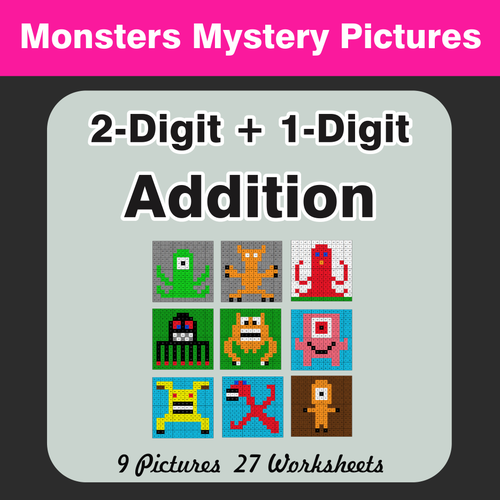2-Digit + 1-Digit Addition - Color By Number Mystery Pictures