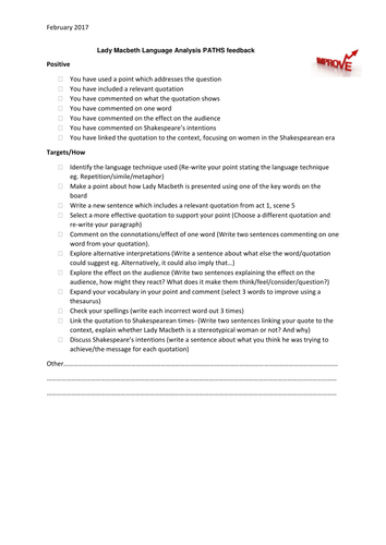 Quick marking feedback sheet based on language analysis of Lady Macbeth