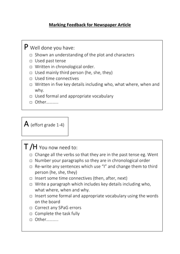 Quick marking feedback sheet for generic newspaper article