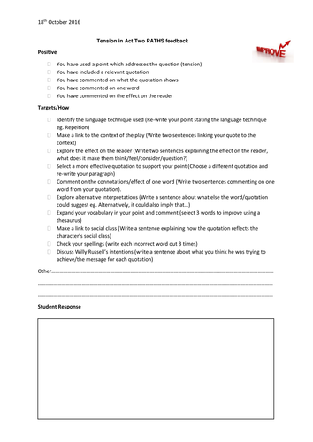Quick marking feedback sheet based on tension in act 2 of Blood Brothers, easily adaptable.