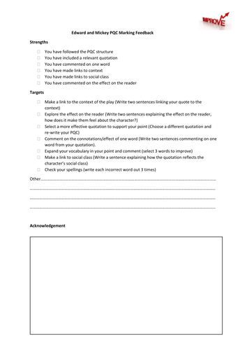 Quick marking feedback sheet for Edward and Mickey analysis (Blood Brothers) | Teaching Resources