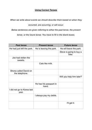 Worksheet for Past, Present, and Future Tenses