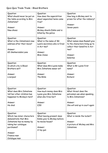 Quiz Quiz Trade Trade Blood Brothers | Teaching Resources