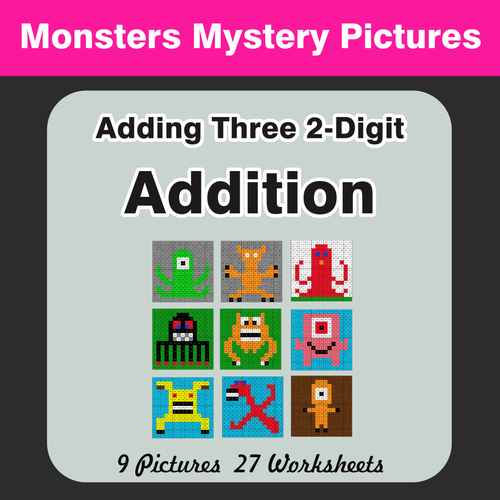 Adding Three 2-Digit Addition - Color-By-Number Mystery Pictures