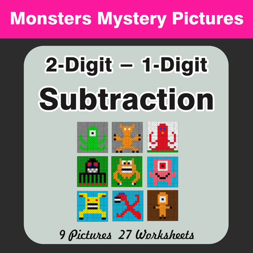 Subtraction: 2-Digit - 1-Digit - Color-By-Number Mystery Pictures