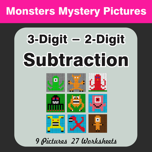 Subtraction: 3-Digit - 2-Digit - Color-By-Number Mystery Pictures